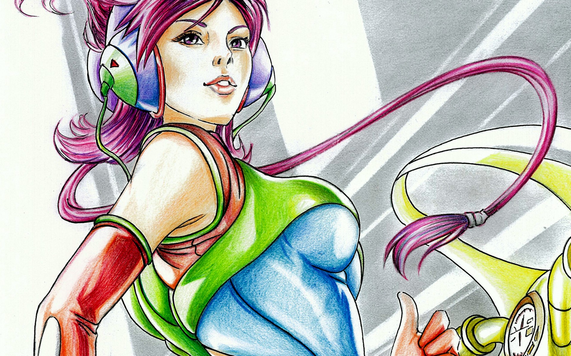 drawing, Art, Pencil, Girl, Headphones, Face, Hair, Red, Gloves, Motorcycle Wallpaper