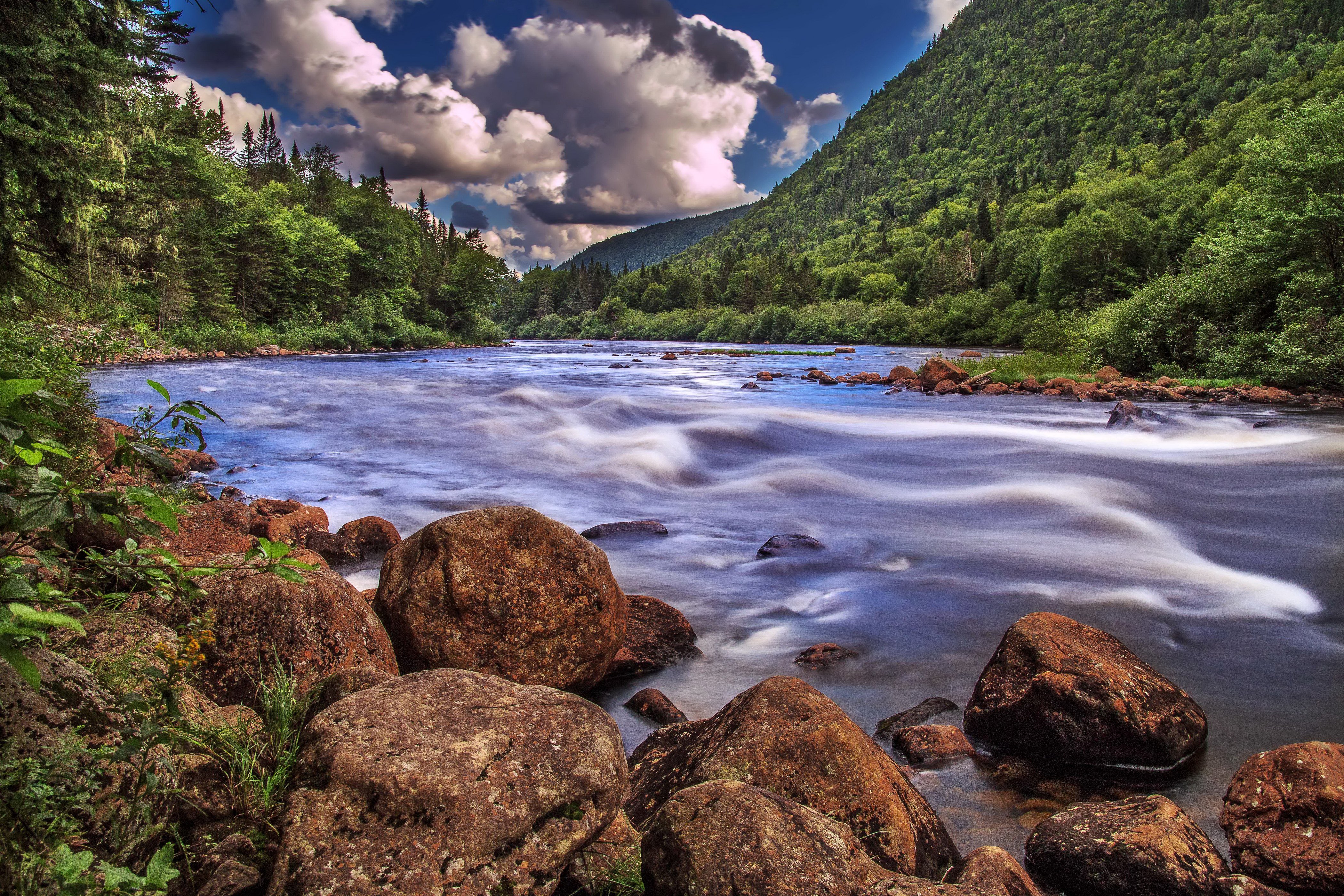 canada, Rivers, Stones, Scenery, Clouds, Quebec, Nature, Wallpapers Wallpaper