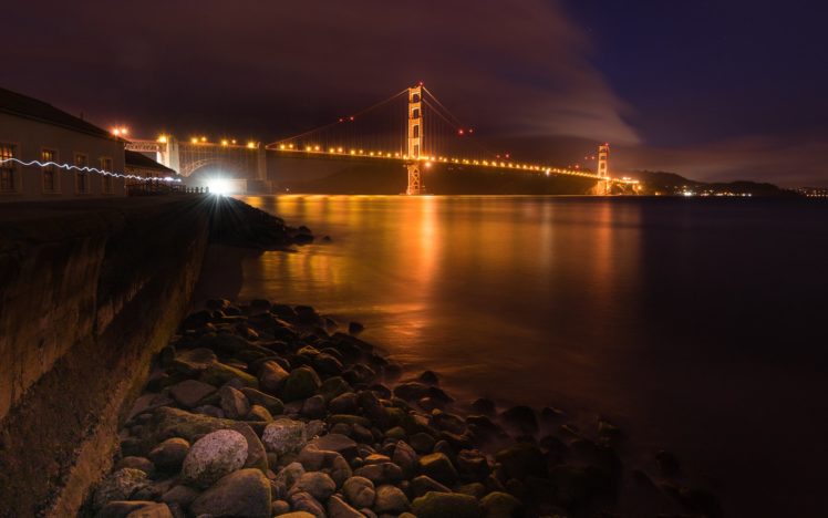 golden, Gate, Bridge, Bridge, San, Francisco, Night, Lights, Shore, Rocks, Stones HD Wallpaper Desktop Background