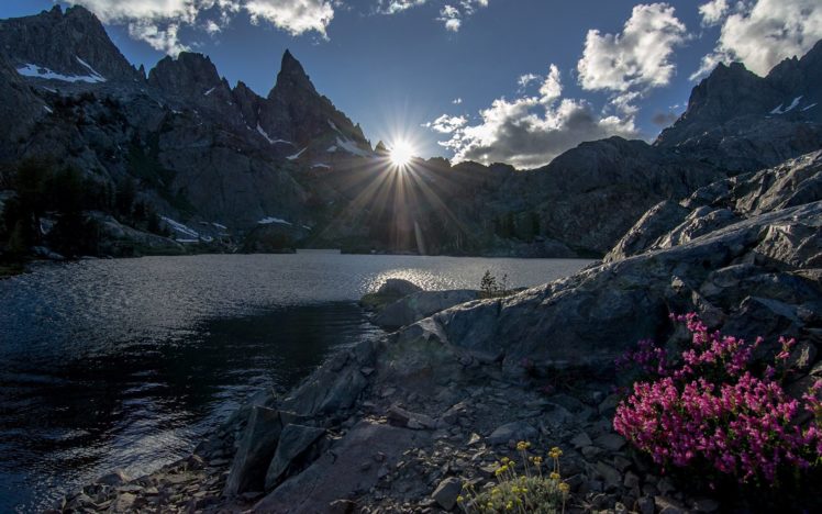 mountains, Landscape, Sunlight, Clouds, Lake, Rocks, Stones HD Wallpaper Desktop Background