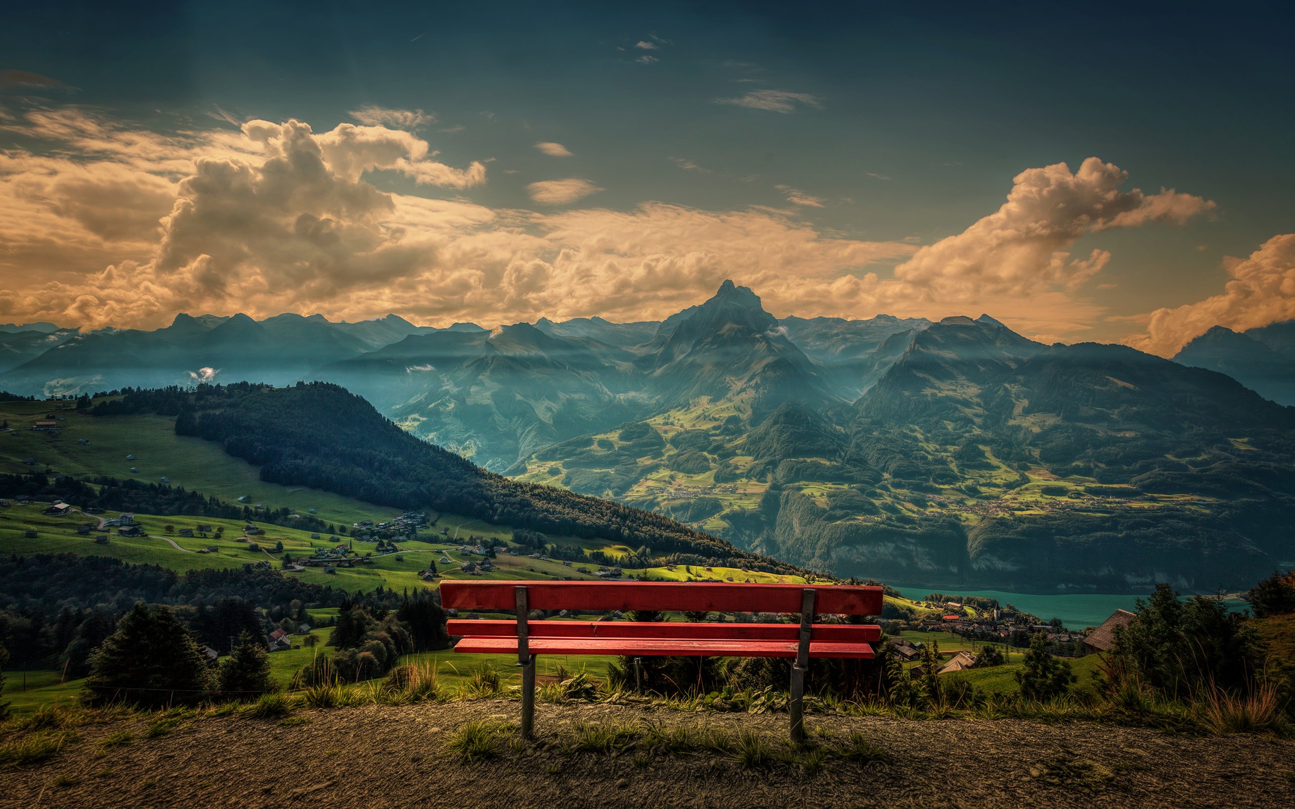mountains, Landscape, Clouds, Bench Wallpaper