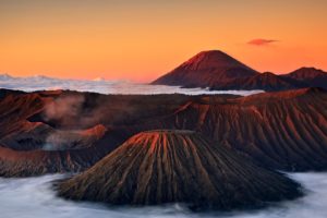 sky, Clouds, Sunset, Mist, Mountains, Volcano, Crater