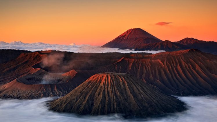 sky, Clouds, Sunset, Mist, Mountains, Volcano, Crater HD Wallpaper Desktop Background