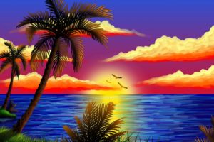 sunset, Sea, Palms