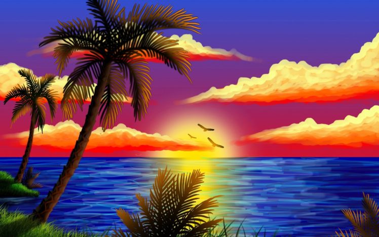 sunset, Sea, Palms HD Wallpaper Desktop Background