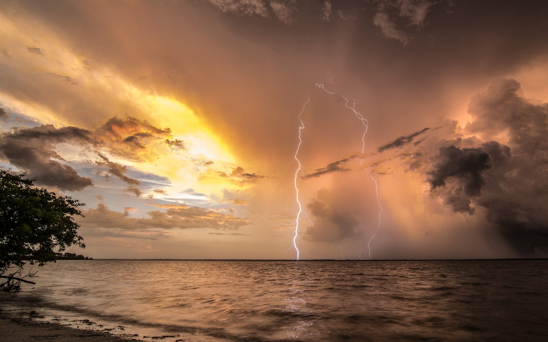 clouds, Storm, Lightning, Beach, Ocean, Nature Wallpaper
