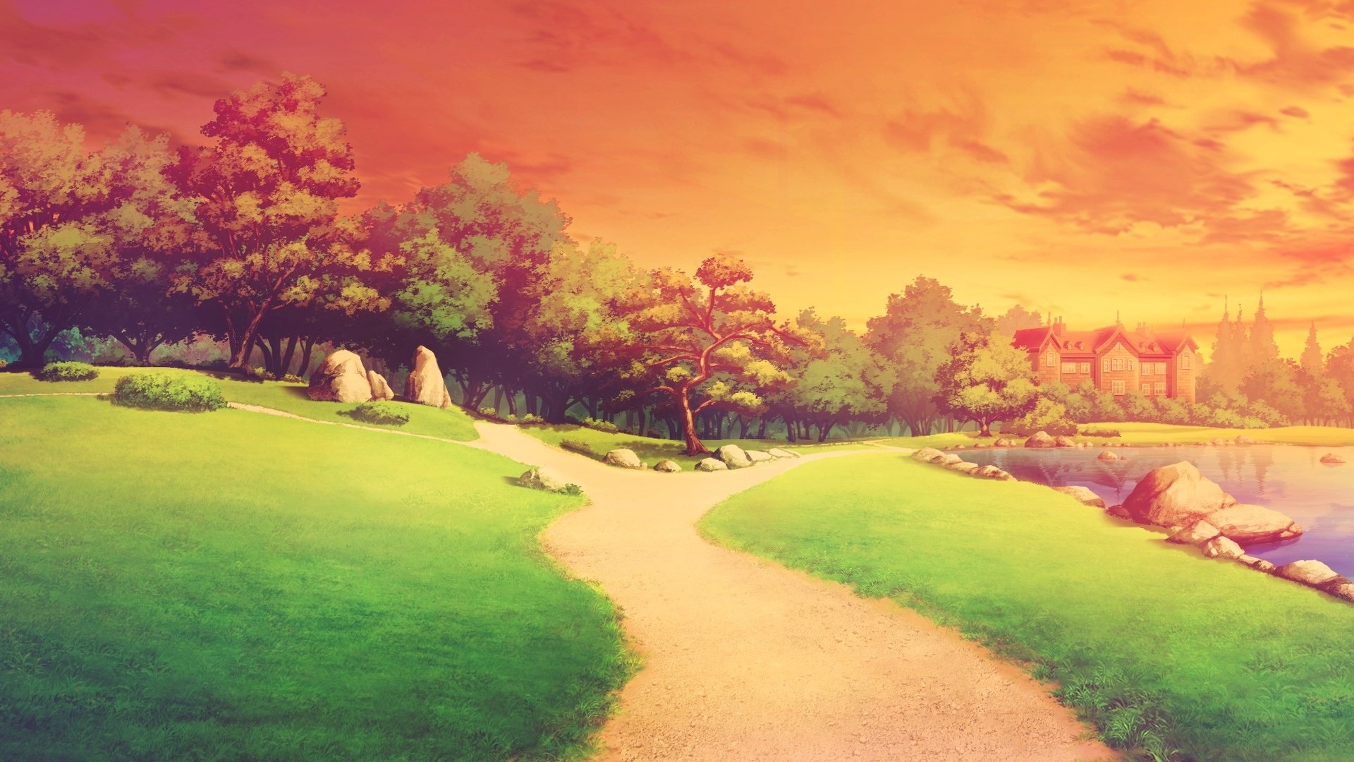 anime, Landscape, Sunset, Sky, Tree, House Wallpaper