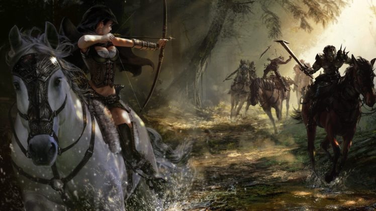archer, Horses, Girl, Undead, Bow, Art, Running, Shot HD Wallpaper Desktop Background