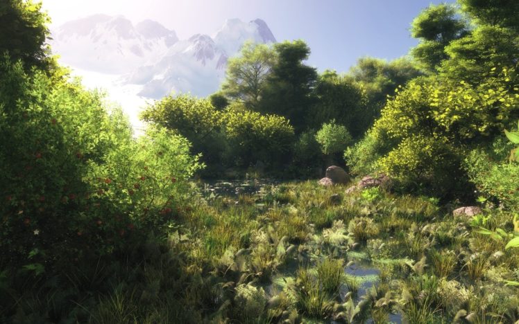 art, Forest, Mountains, Water, Grass, Green, Swamp HD Wallpaper Desktop Background