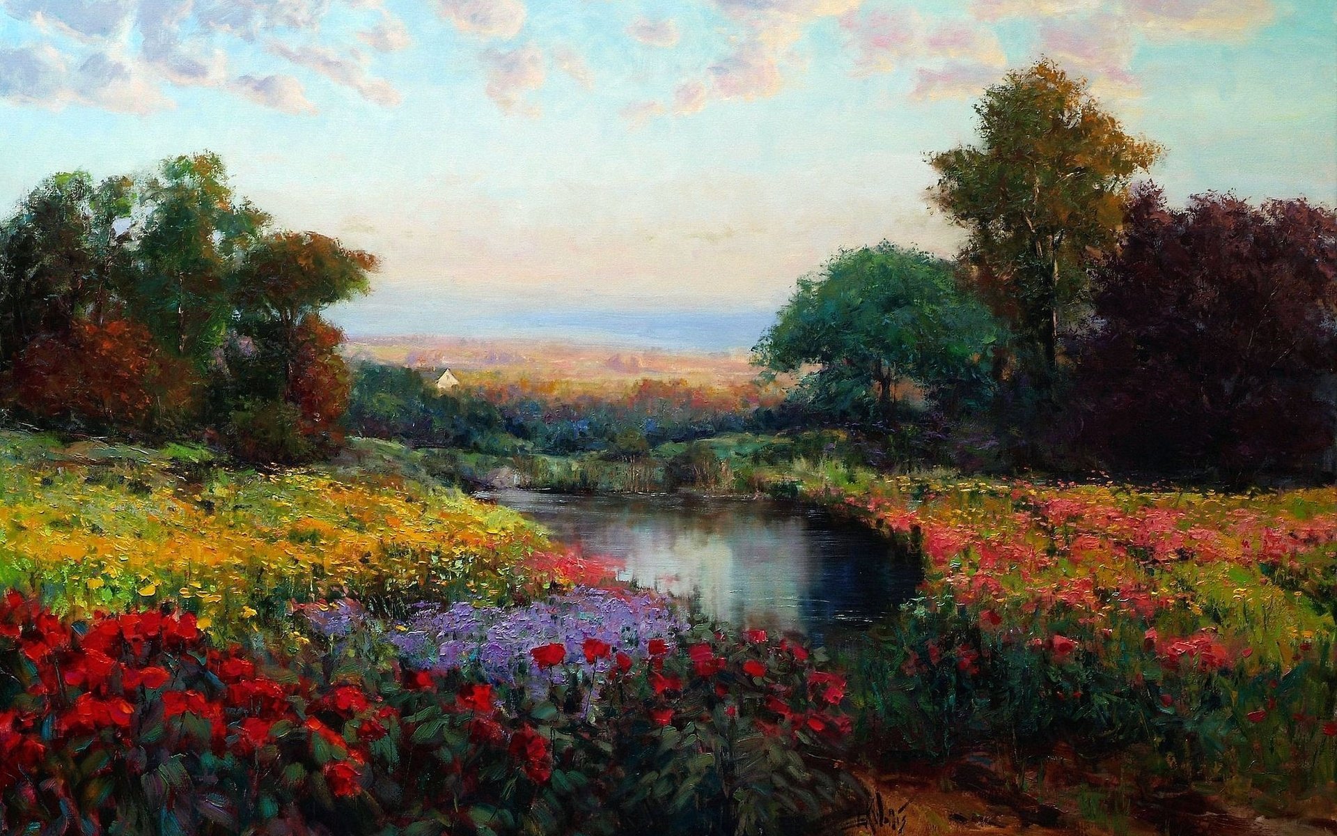 art, Painting, Oil, Flowers, Landscape, Lake, Eric, Wallis, Meadow Wallpaper