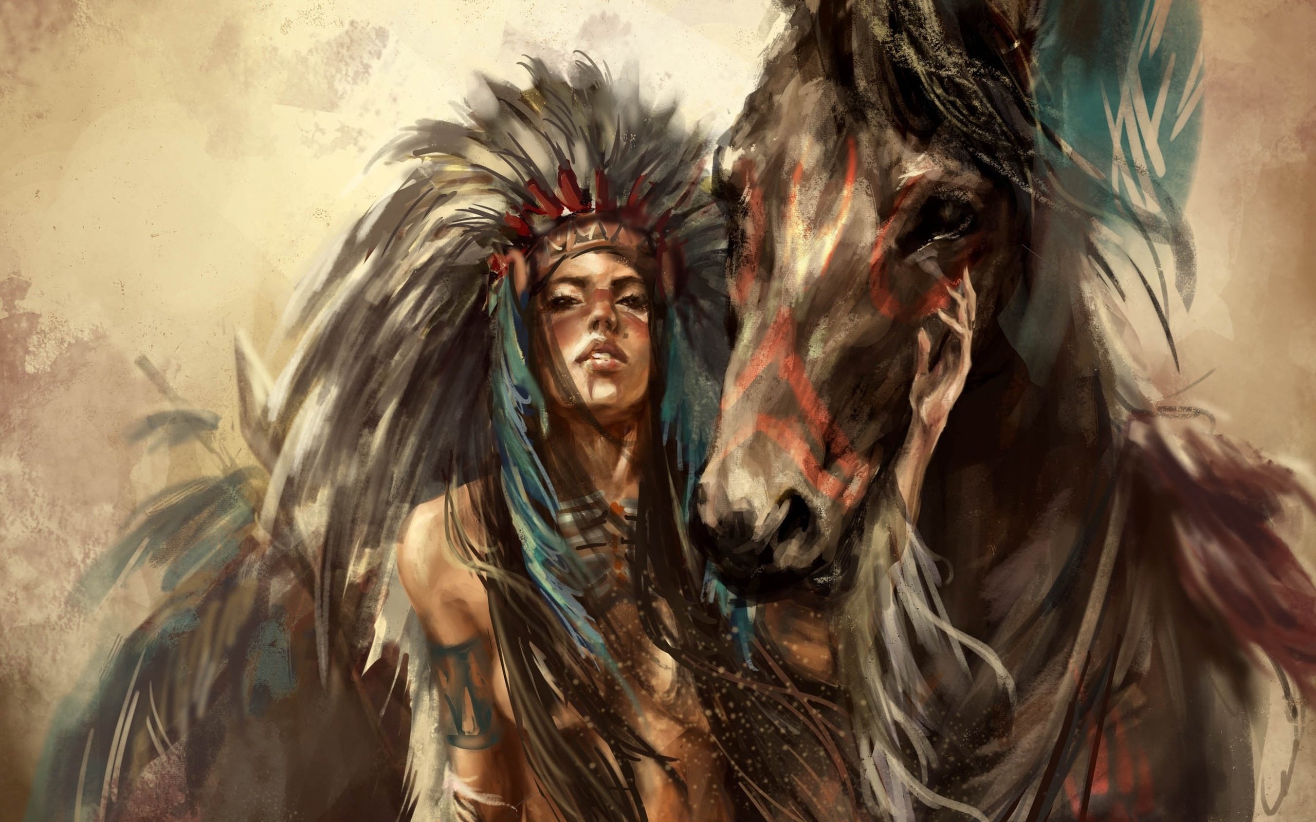 fantasy, Art, Feathers, Horse, Girl Wallpaper