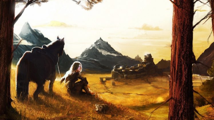 horse, Trees, Village, Mountains, Girl, Art, Dog, City HD Wallpaper Desktop Background