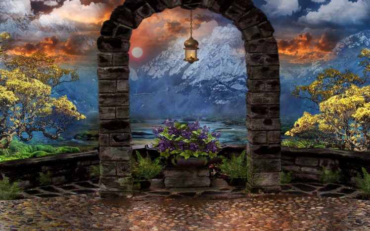lantern, Arch, 3d, Art, Trees, Art, Sky, Flowers, Mountains HD Wallpaper Desktop Background