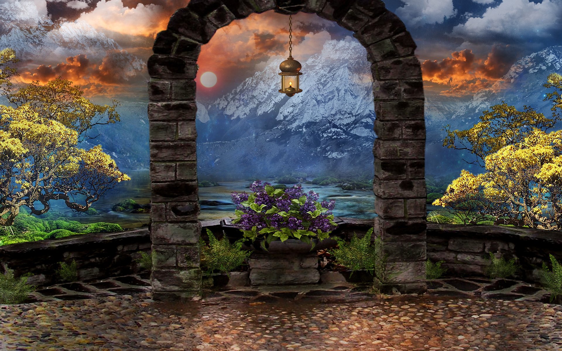 lantern, Arch, 3d, Art, Trees, Art, Sky, Flowers, Mountains Wallpaper