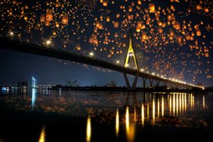 night, City, City, Lights, Sea, Nature, Bridge, Sky, Splendor, Lanterns