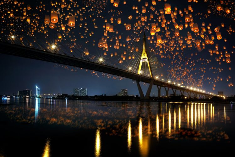 night, City, City, Lights, Sea, Nature, Bridge, Sky, Splendor, Lanterns HD Wallpaper Desktop Background