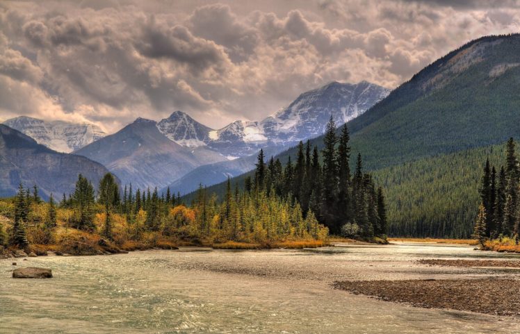 river, Trees, Landscape, Clouds, Autumn, Autumn, Splendor, Sky, Nature, Fall, Mountains HD Wallpaper Desktop Background