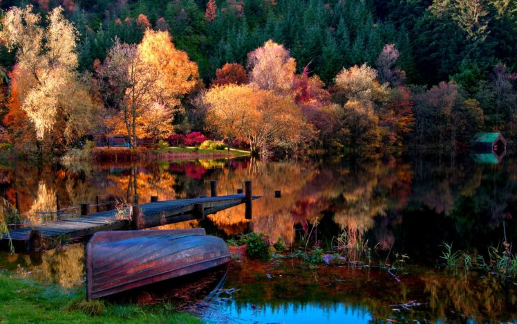 picture, Abandoned, Lake, Color, Nice, Leaves, Shore, Autumn, Splendor, Dock, Water, House, Mirrored, Boat, River, Pretty, Landscape, Mountain, Autumn, Colors, Nature, Weather, Tree, Pier, Green, Houses, Forgot HD Wallpaper Desktop Background