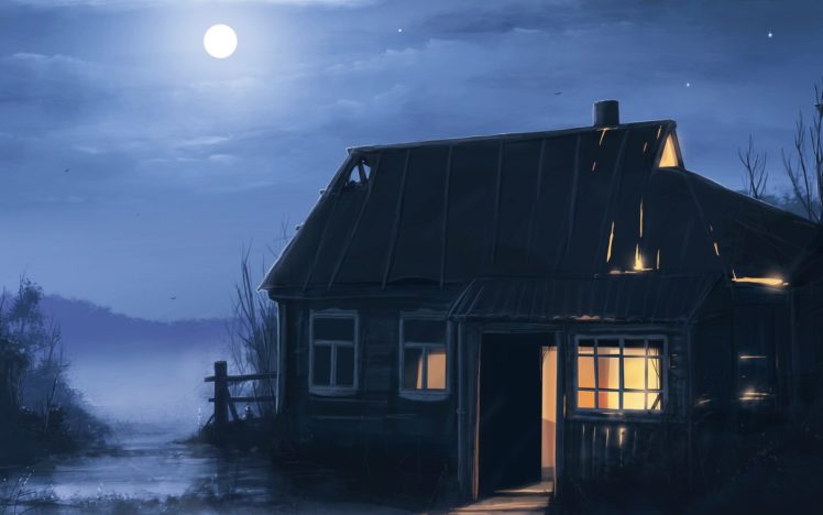 art, Night, Wilderness, House, Moon, Tree HD Wallpaper Desktop Background