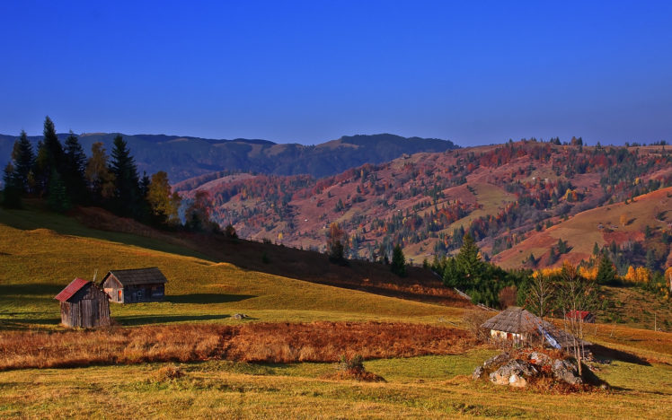 hills, Houses, Trees, Sky, Landscape, Autumn HD Wallpaper Desktop Background