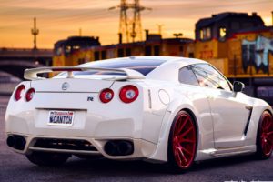 nissan, Gt r, White, Back, Red, Wheels, Sky, Sunset, Tuning, Supercar, Supercars