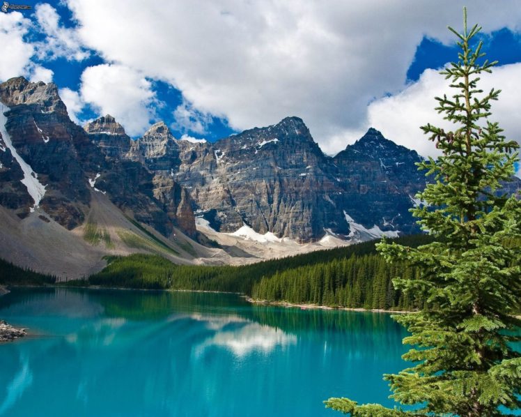 moraine lake,  banff park narodowy,  lazurowe jezioro,  swierk,  gory skaliste,  chmury 200419 HD Wallpaper Desktop Background