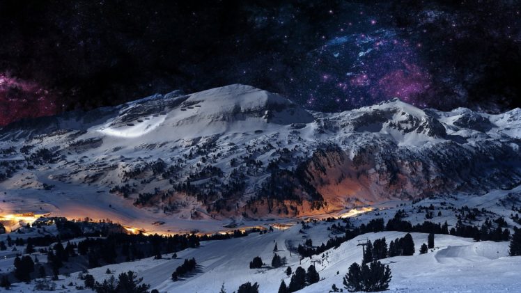 nature, Snow, Winter, Landscape, Mountains, Stars, Night, Lights, 53675, 2560×1440 HD Wallpaper Desktop Background