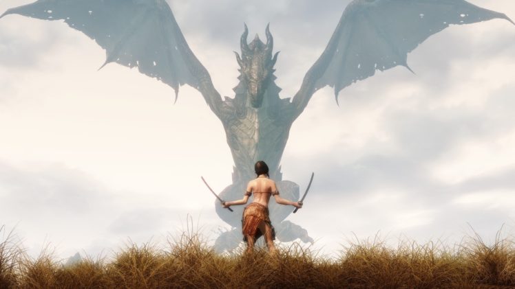 mist, Dragon, Girl, Warrior, Fantasy, Grass, Weapon HD Wallpaper Desktop Background