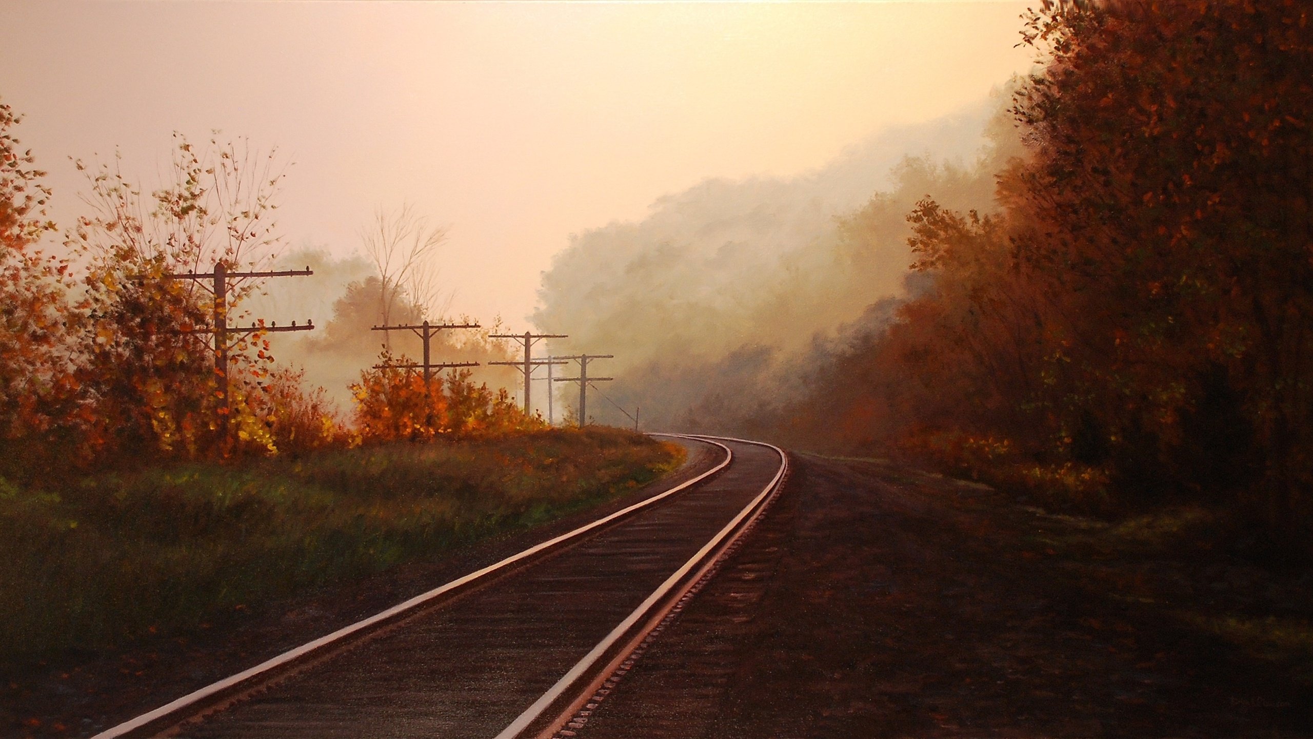 art, Painting, Landscape, Brian, Slawson, Autumn, Rails Wallpaper