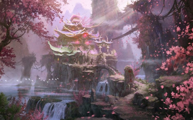 fantasy, Art, Waterfalls, Flowering, Rocks, Landscape, Spring, Trees HD Wallpaper Desktop Background