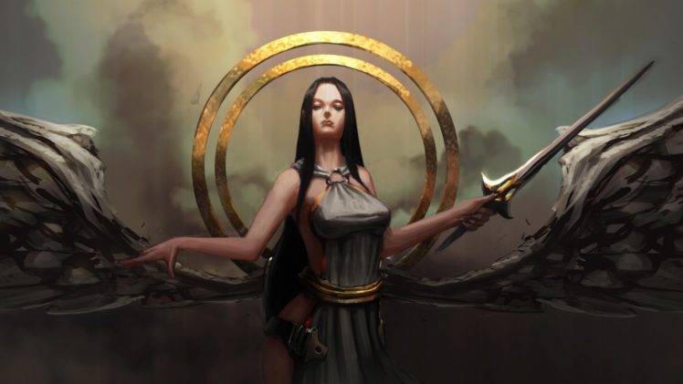 girl, Sword, Wings, Blade, Circle, Angel, Art, Weapons HD Wallpaper Desktop Background