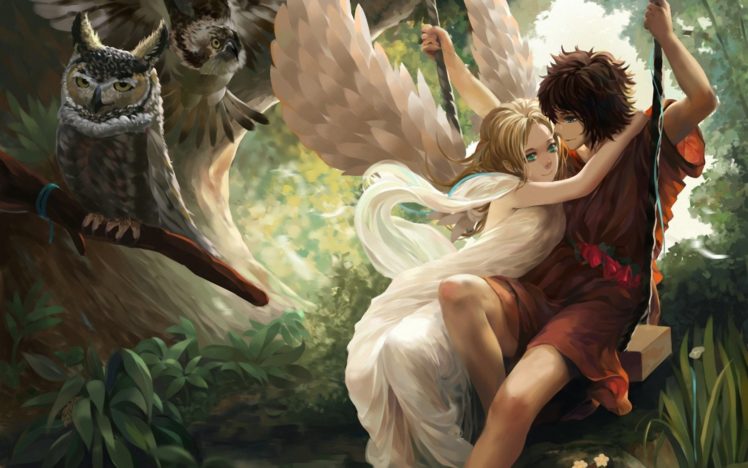 wings, Angel, Art, Boy, Fantasy, Girl, Forest, Swing HD Wallpaper Desktop Background
