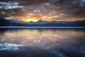 reflection, Sunset, Rocks, Clouds, Lake, Quiet, Range, Mountains