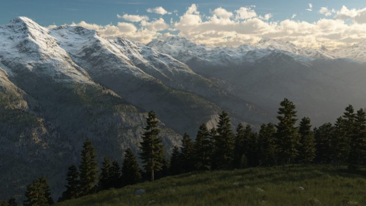 landscape, Snow, Trees, Mountains, Peaks, Hill, Ridge, Art HD Wallpaper Desktop Background