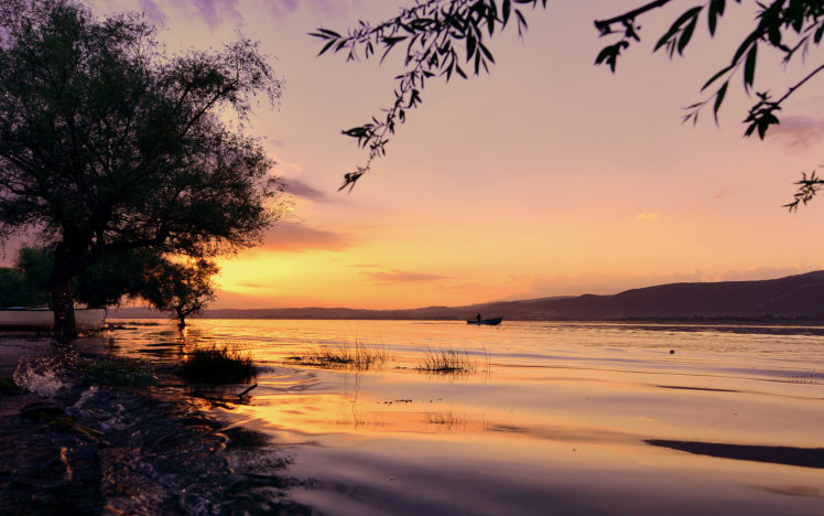 sunset, River, Tree, Branch, Landscape, Reflection HD Wallpaper Desktop Background