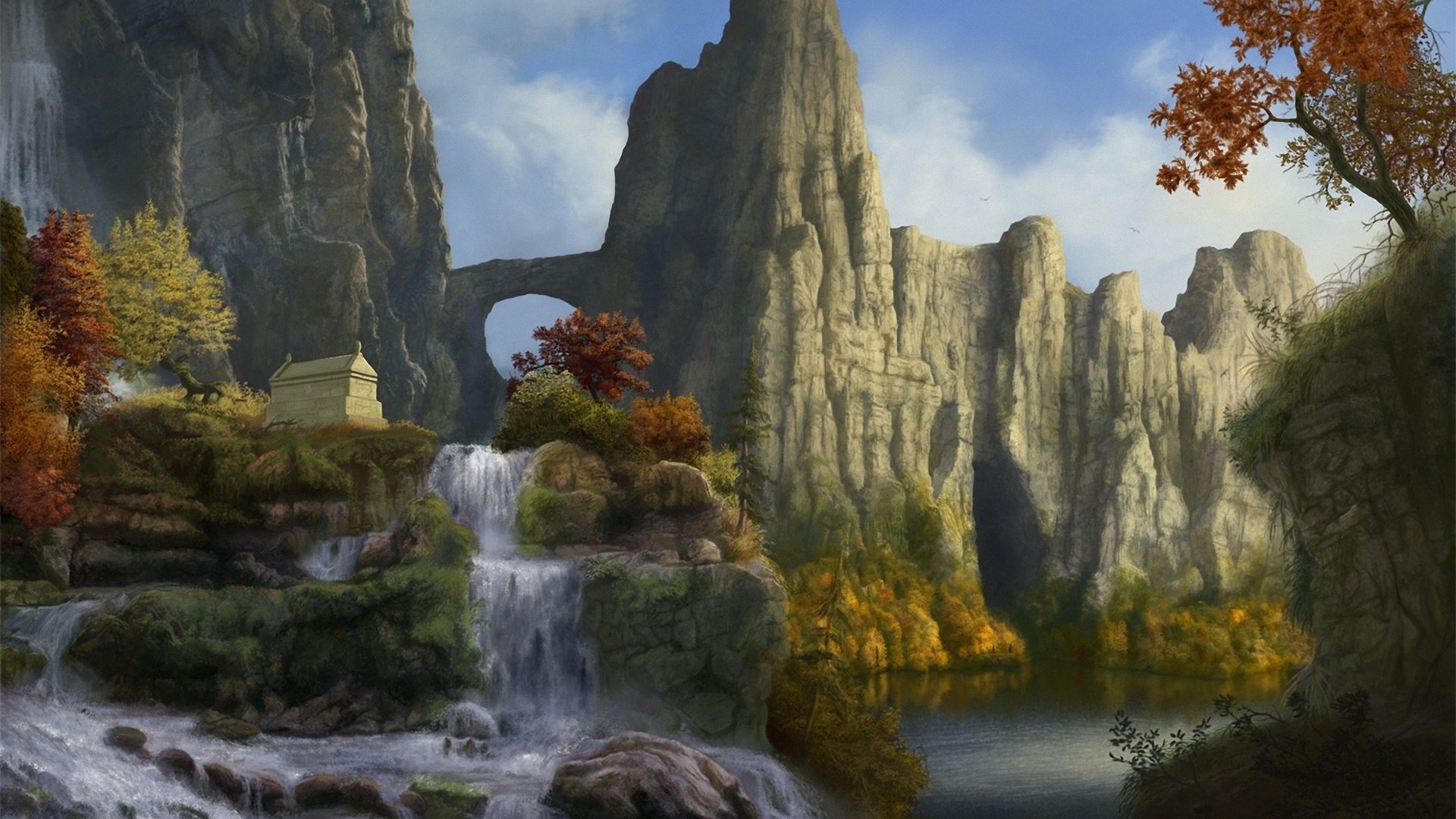 art, Sarcophagus, Autumn, Landscape, Mountains, Rocks, Waterfall Wallpaper