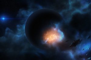 ship, Planet, Explosion, Art, Space, Nebula