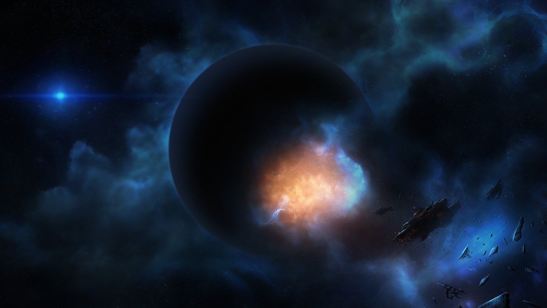 ship, Planet, Explosion, Art, Space, Nebula Wallpaper