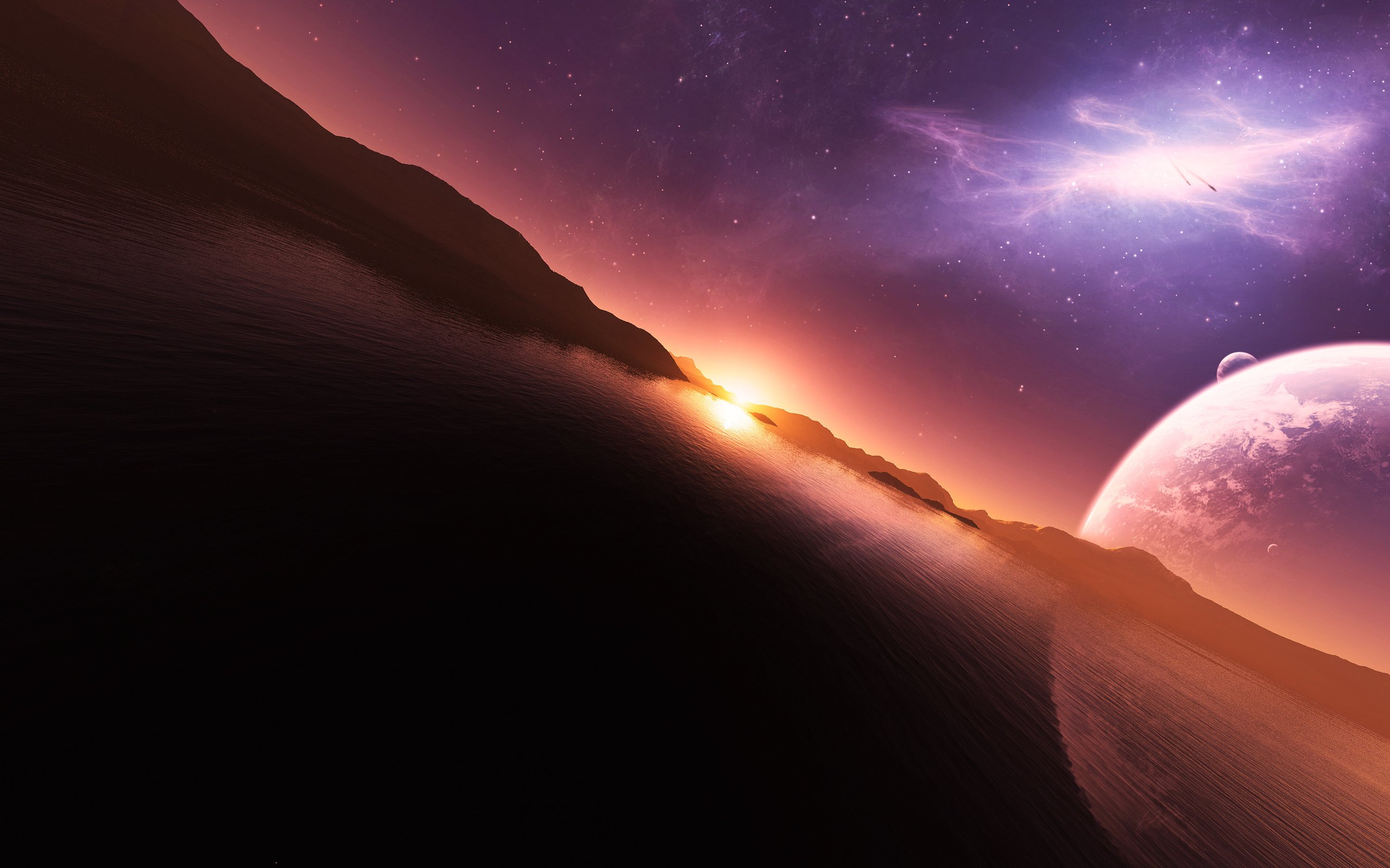 art, Water, Sun, Sky, Planets, Stars, Sunse Wallpaper