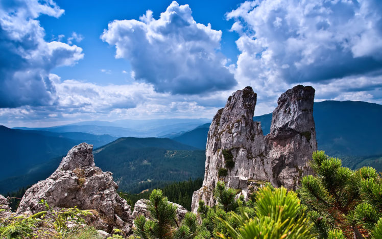 mountains, Rocks, Sky, Clouds, Branches, Landscape HD Wallpaper Desktop Background