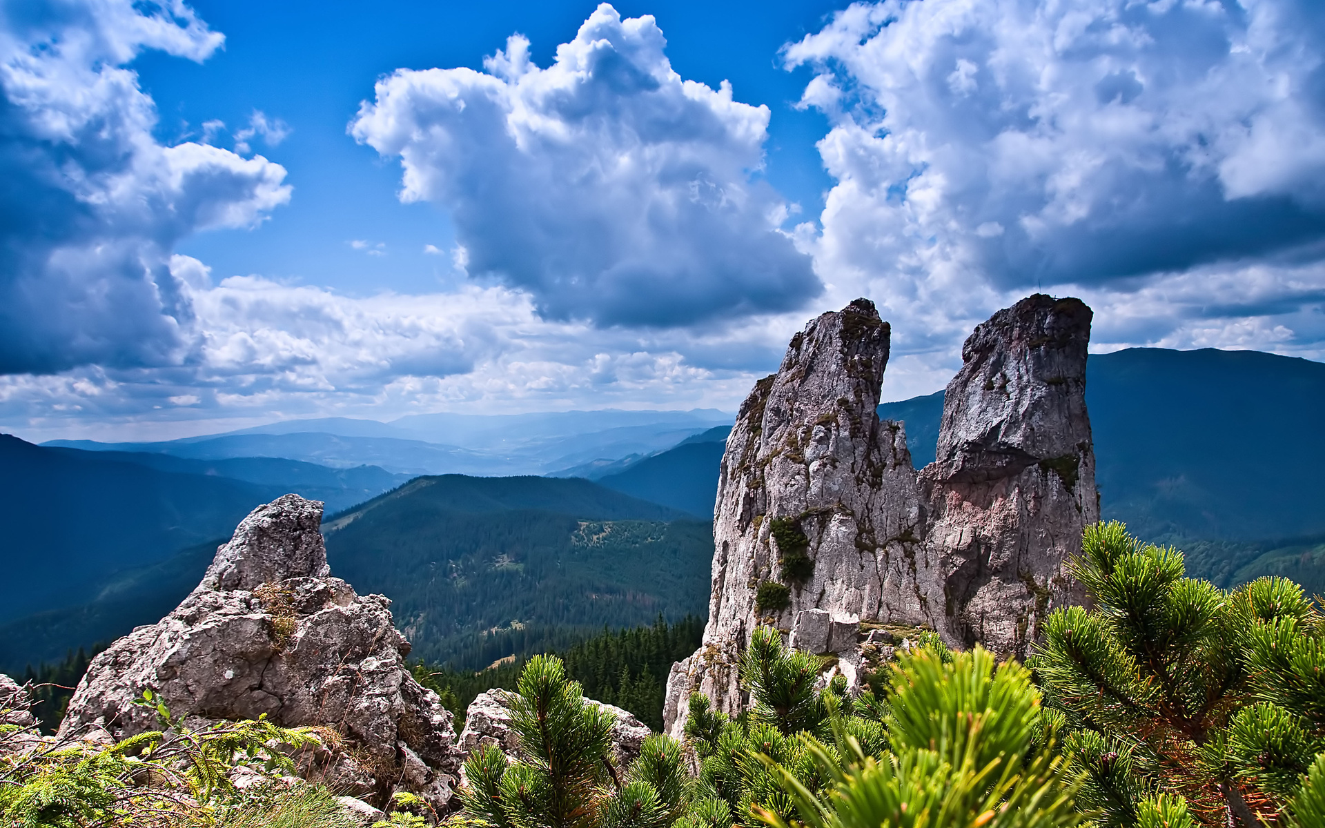 mountains, Rocks, Sky, Clouds, Branches, Landscape Wallpaper