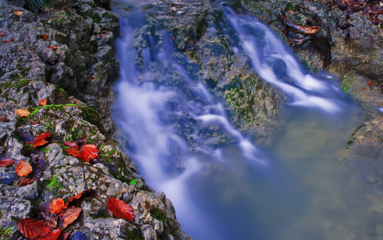 river, Waterfall, Leaves, Nature HD Wallpaper Desktop Background