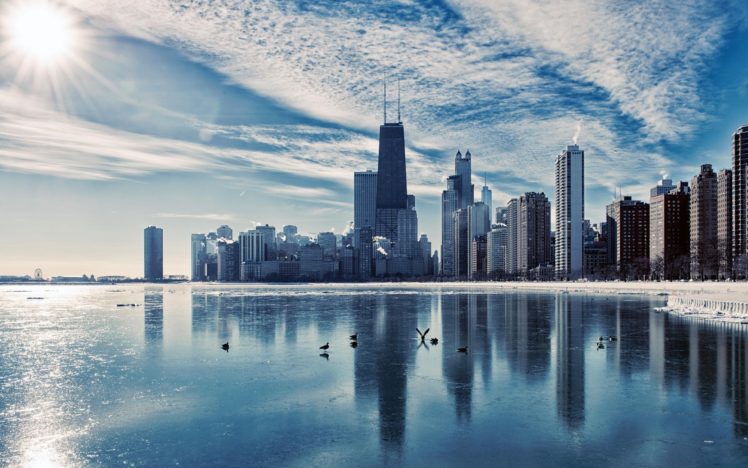 night, Chicago, River, Skyscrapers, City, Illinois, Winter HD Wallpaper Desktop Background