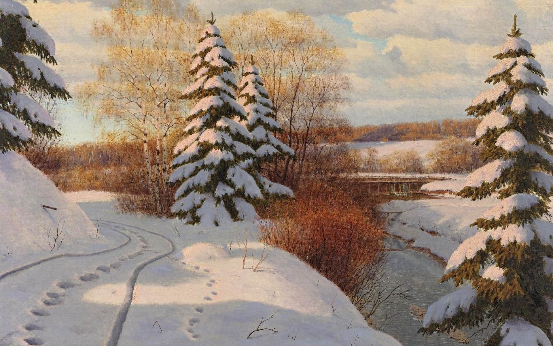painting, River, Snow, Winter, Traces, Of, The, Boris, Bessonov, Landscape Wallpaper