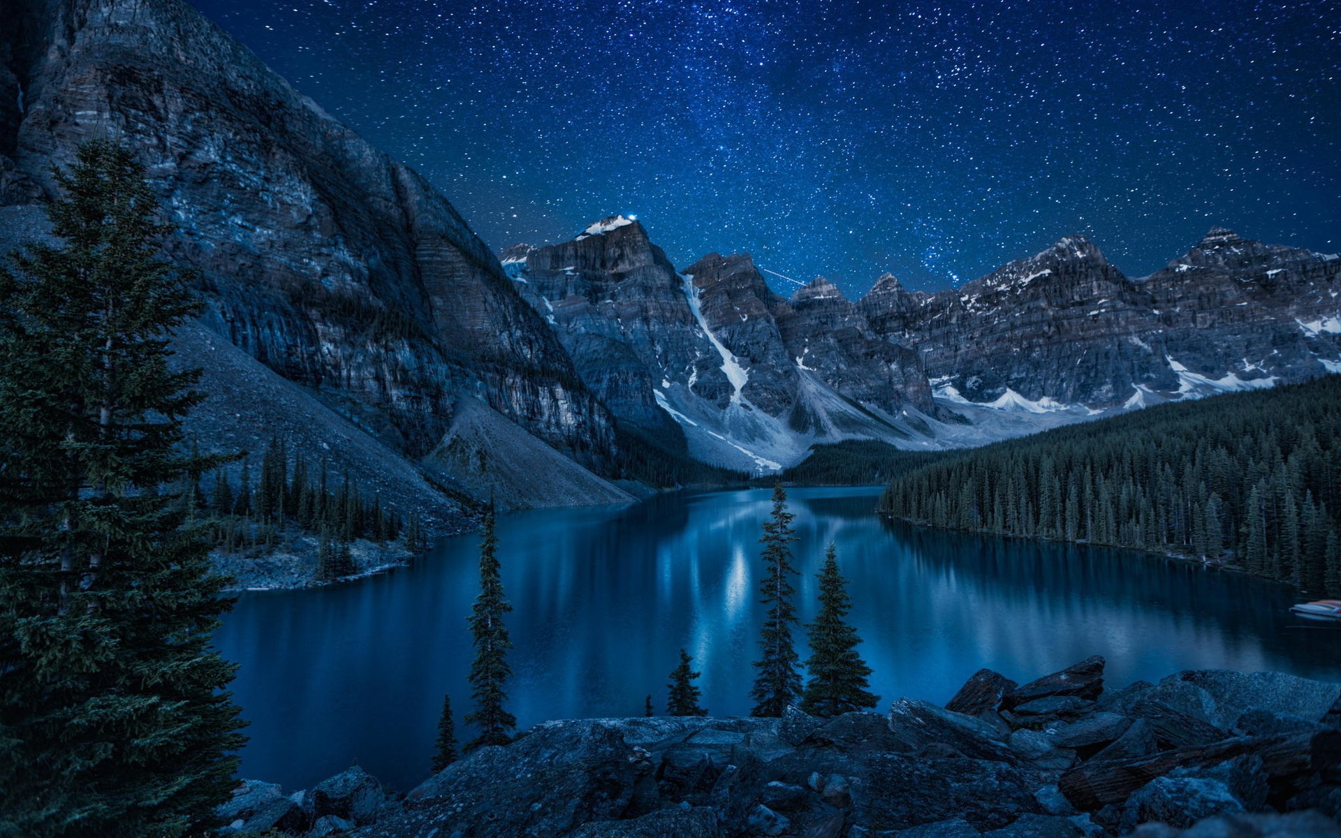 mountain, River, Lake, Night, Forest, Nature Wallpaper
