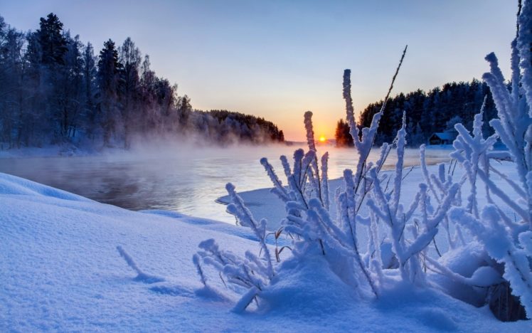 nature, White, Snow, River, Sunset, Winter, Sky, Clouds HD Wallpaper Desktop Background