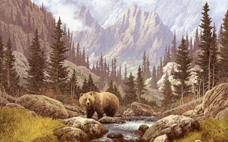 grass, River, Bear, Forest, Pattern, Stones, Mountains, Painting HD Wallpaper Desktop Background