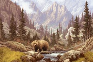 grass, River, Bear, Forest, Pattern, Stones, Mountains, Painting