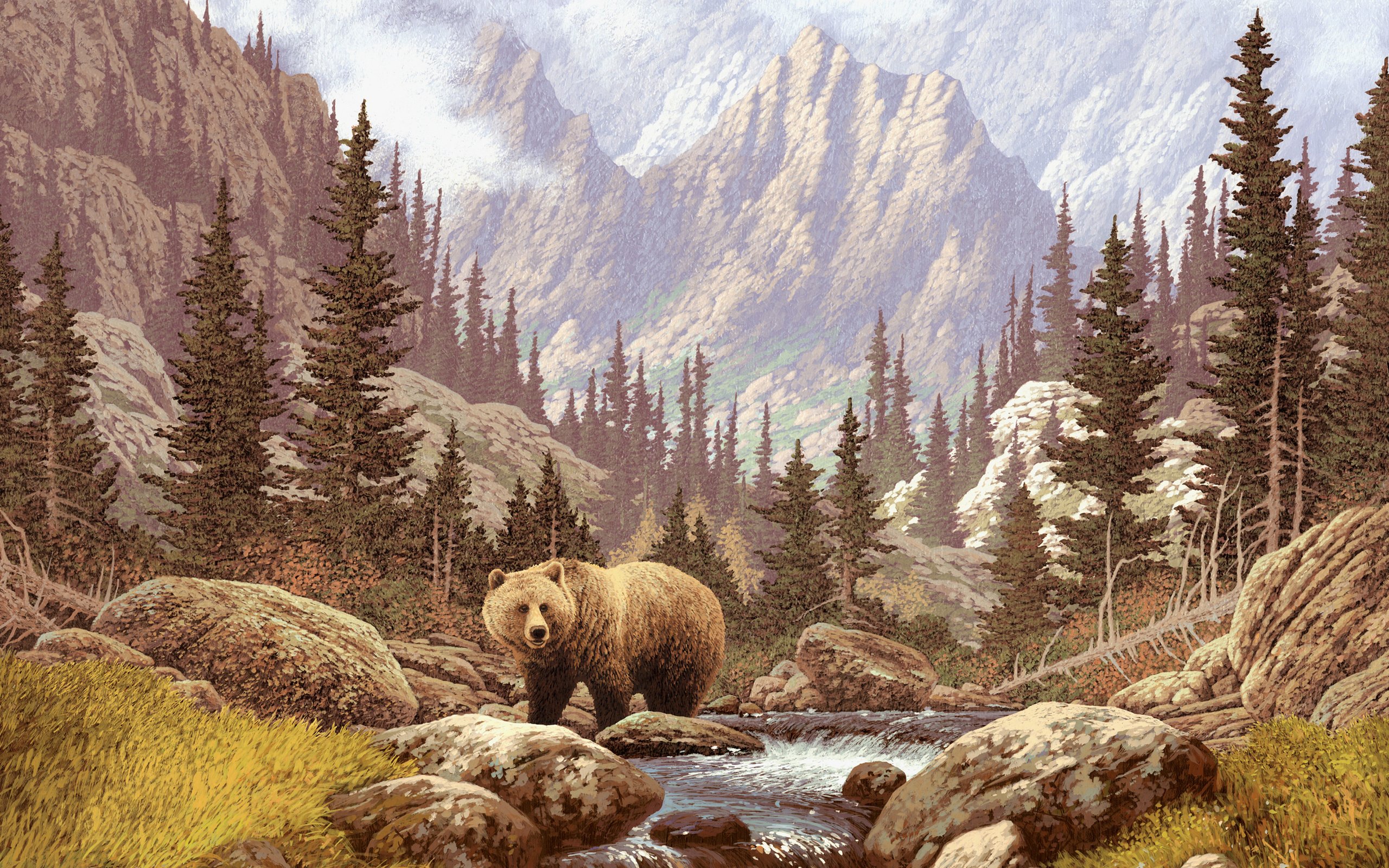 grass, River, Bear, Forest, Pattern, Stones, Mountains, Painting Wallpaper