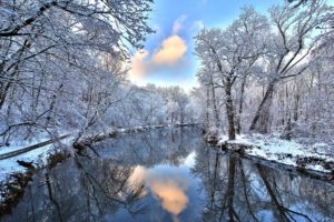 river, Forest, Snow, Reflection, Winter